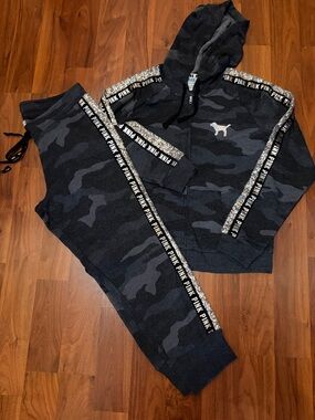 Victoria's Secret PINK Charcoal Camo Sequin Trim Hoodie + Joggers Set